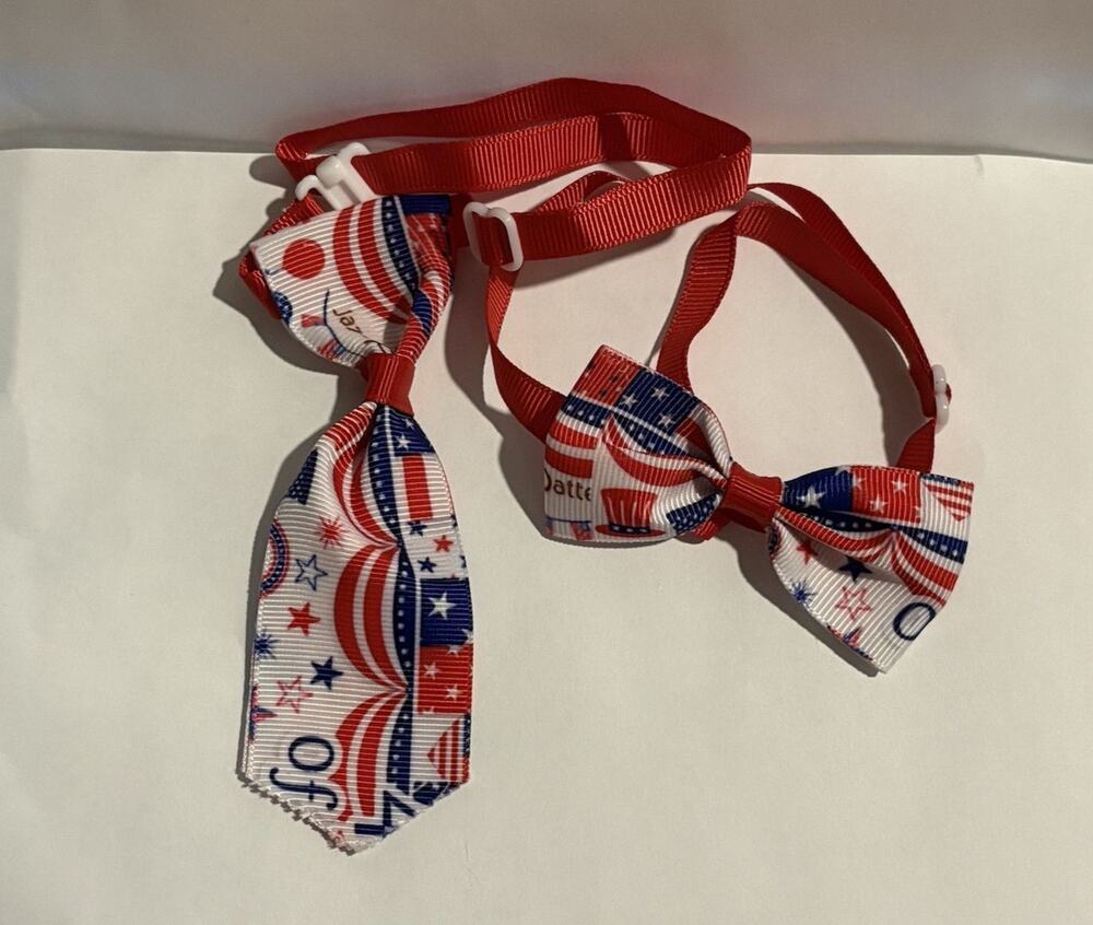 Bow Tie Necktie Set 250th July 4th USA Flag Banner Dog Cat 7"+